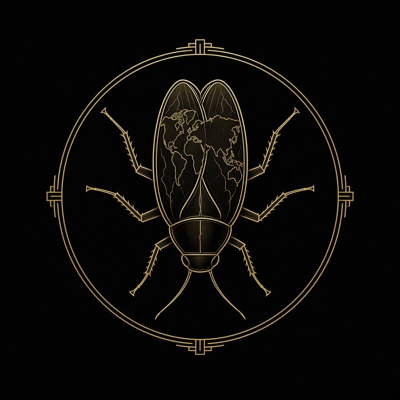 Omniroach emblem: a gold line-art cockroach with a world map on its shell, framed by an Art Deco gold ring